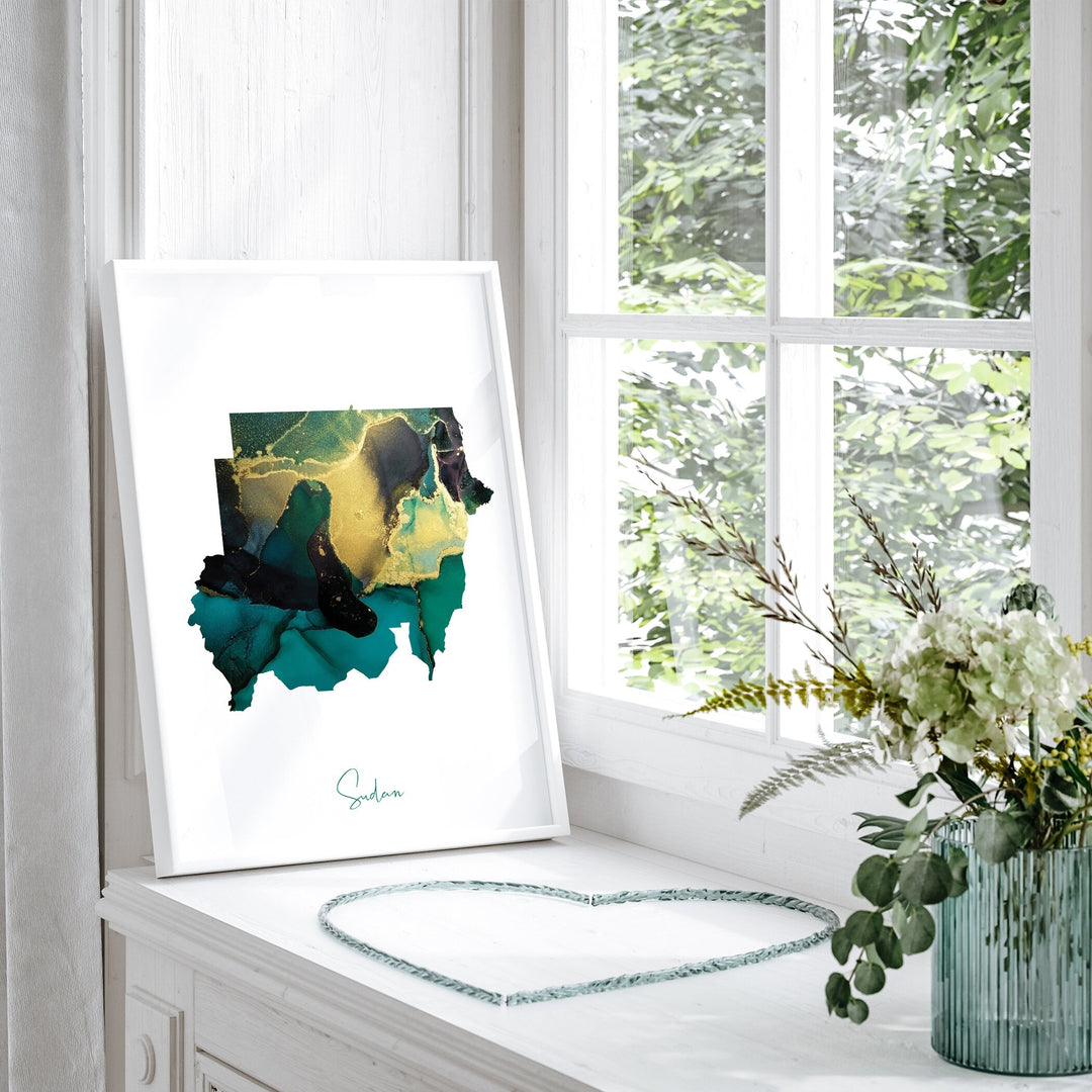 Sudan Map Emerald Green and Gold Wall Art Print