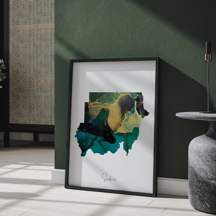 Sudan Map Emerald Green and Gold Wall Art Print