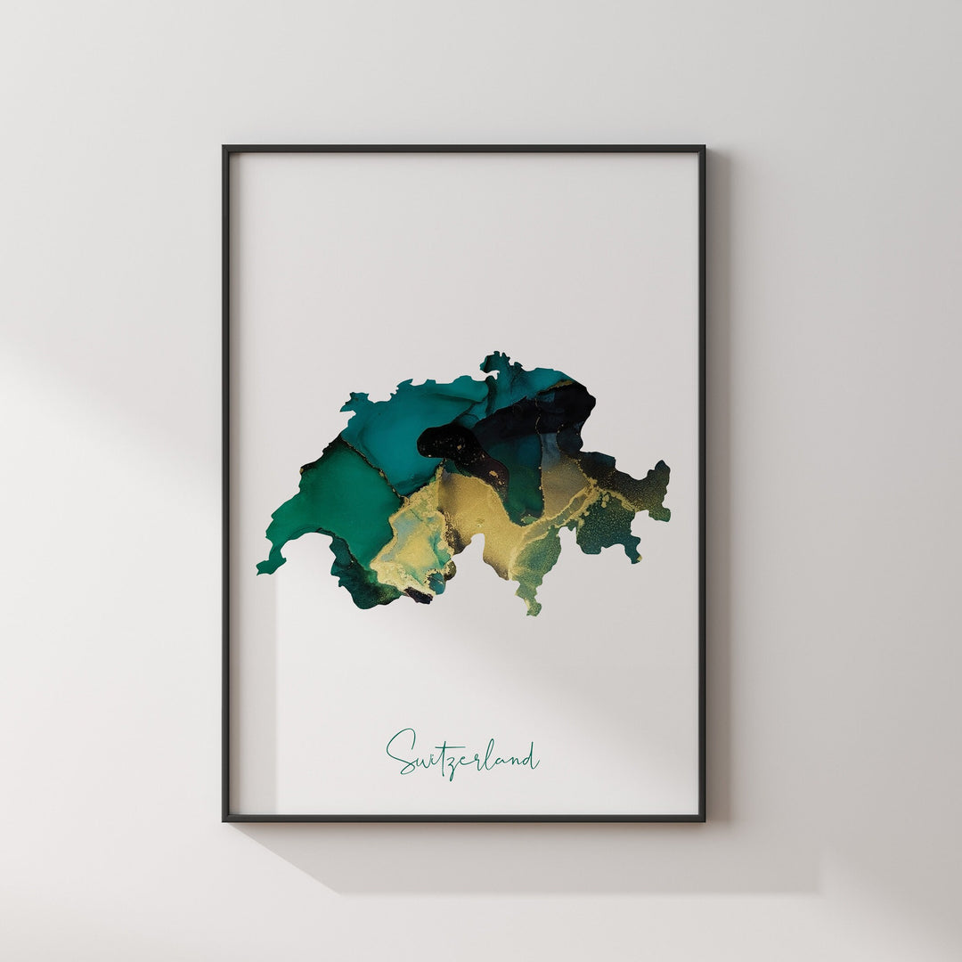 Switzerland Map Emerald Green and Gold Wall Art Print