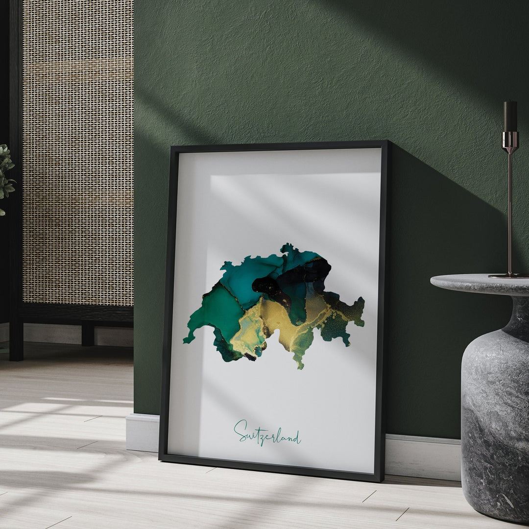Switzerland Map Emerald Green and Gold Wall Art Print