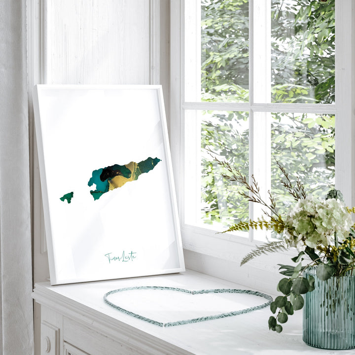 Timor-Leste Map Emerald Green and Gold Wall Art Print