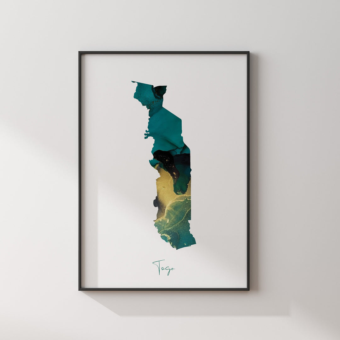 Togo Map Emerald Green and Gold Wall Art Print