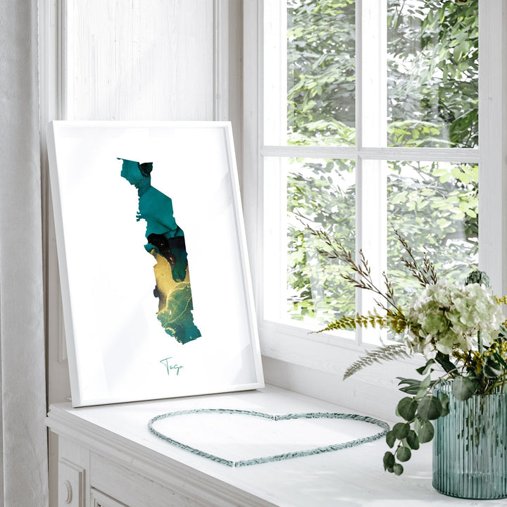 Togo Map Emerald Green and Gold Wall Art Print