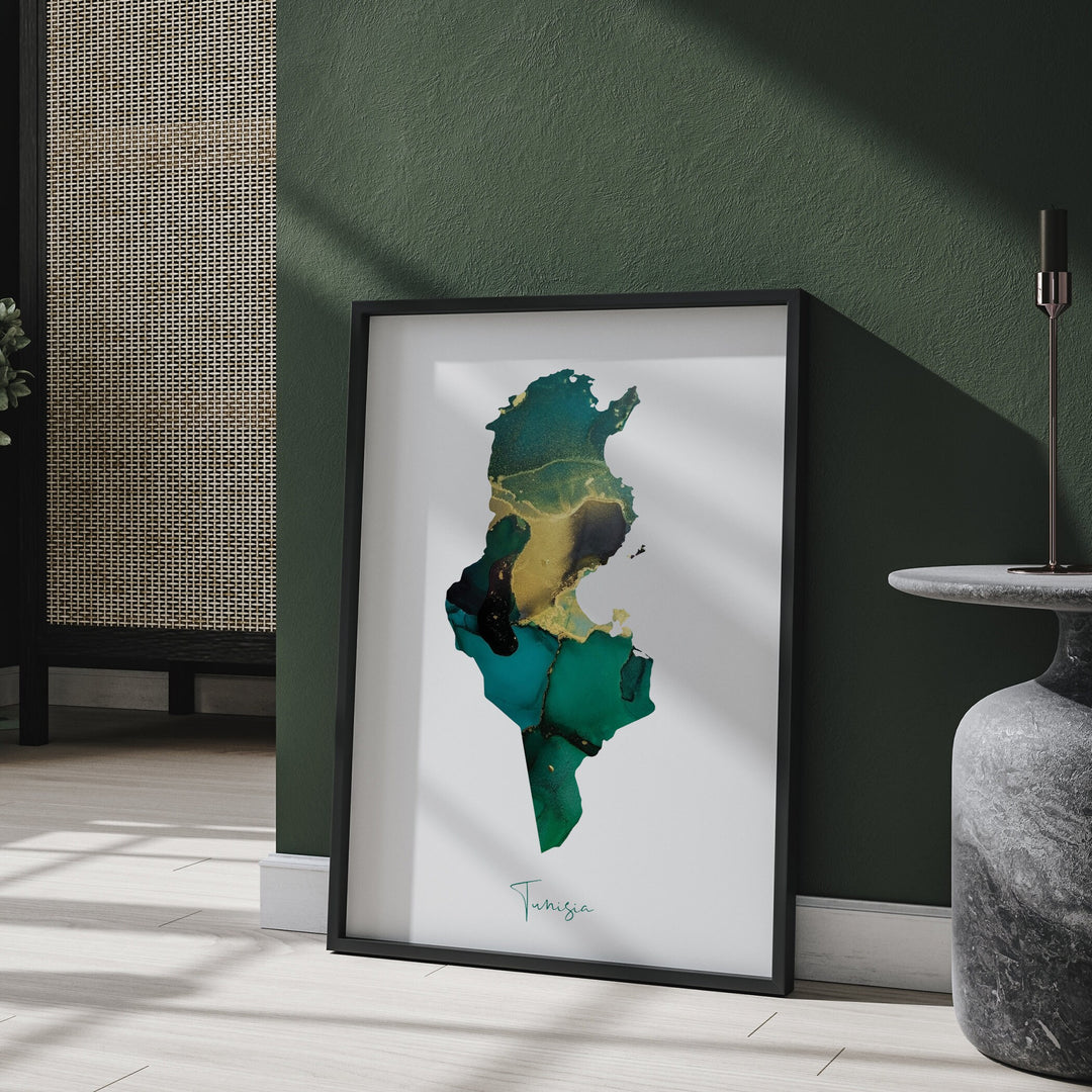 Tunisia Map Emerald Green and Gold Wall Art Print