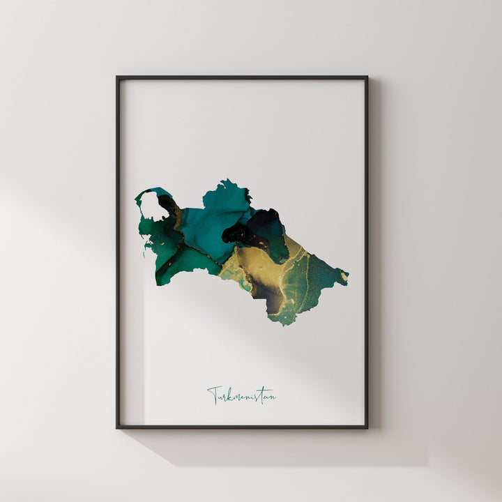 Turkmenistan Map Emerald Green and Gold Wall Art Print