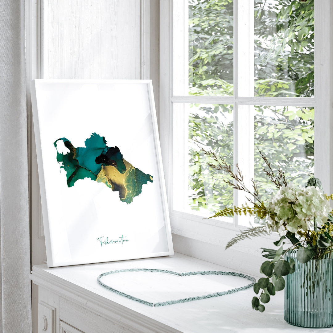 Turkmenistan Map Emerald Green and Gold Wall Art Print