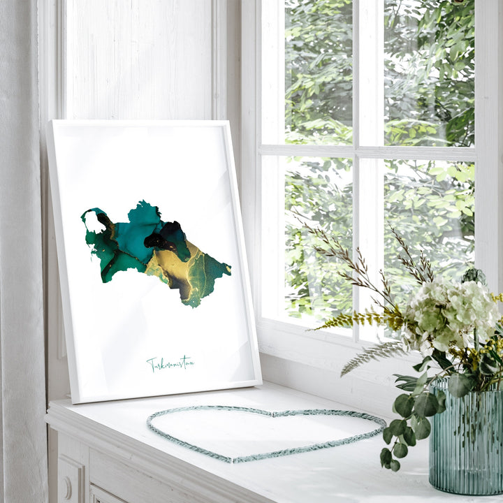 Turkmenistan Map Emerald Green and Gold Wall Art Print