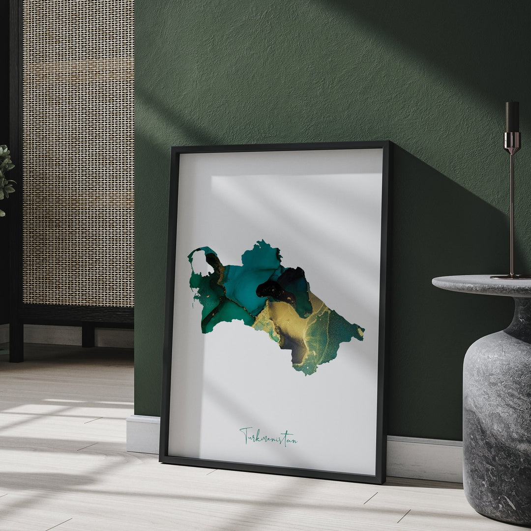 Turkmenistan Map Emerald Green and Gold Wall Art Print