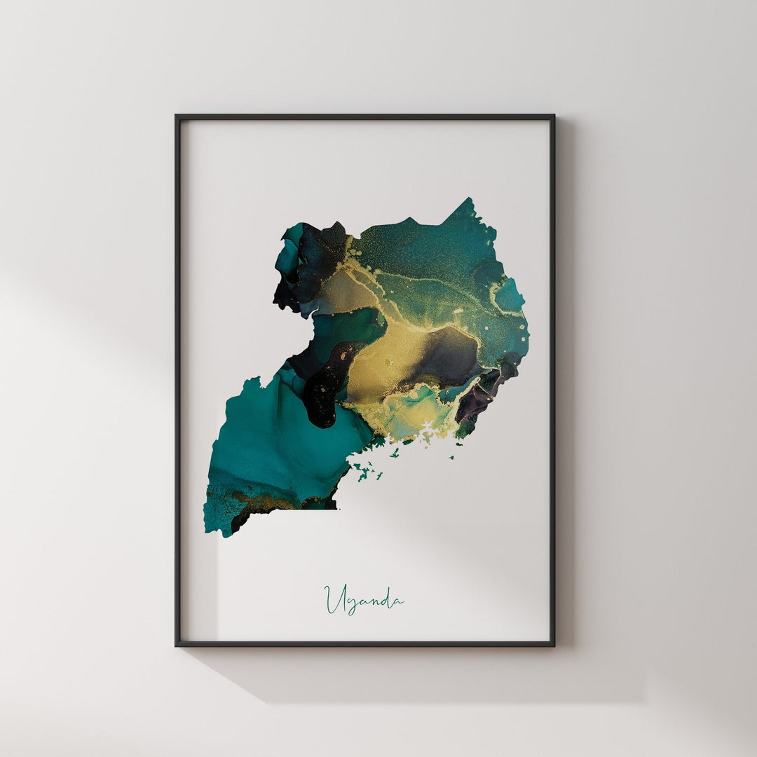 Uganda Map Emerald Green and Gold Wall Art Print