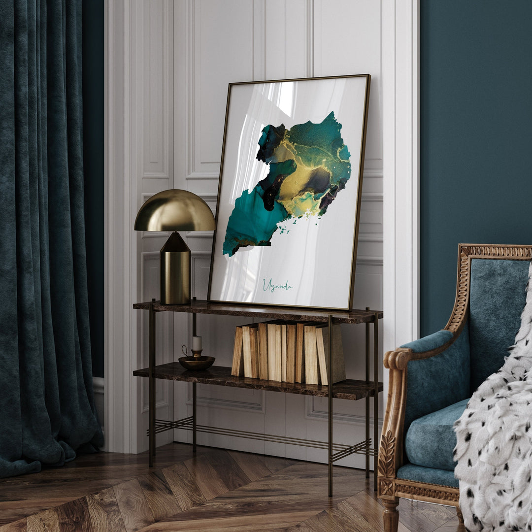 Uganda Map Emerald Green and Gold Wall Art Print