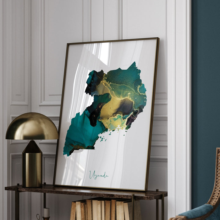 Uganda Map Emerald Green and Gold Wall Art Print