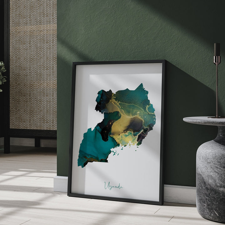 Uganda Map Emerald Green and Gold Wall Art Print
