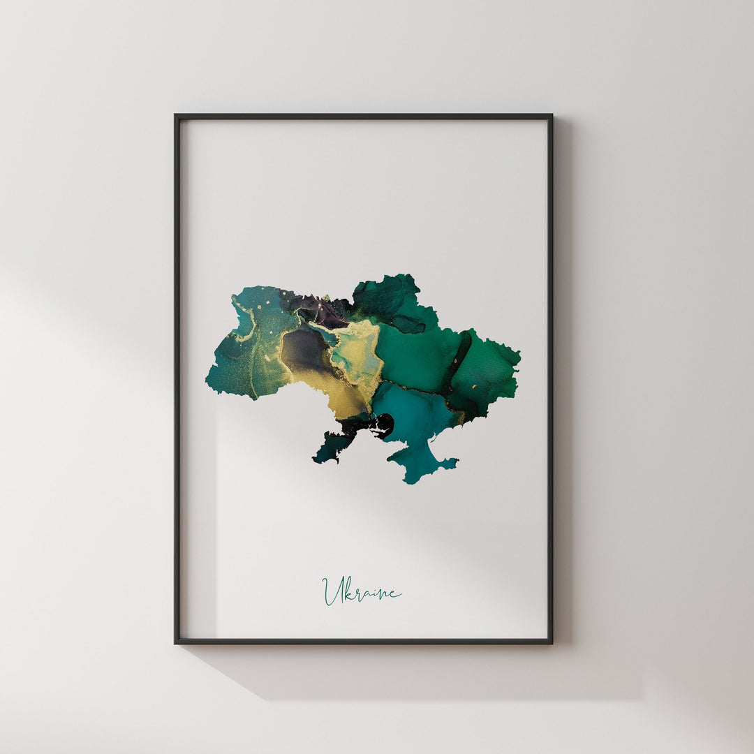 Ukraine Map Emerald Green and Gold Wall Art Print
