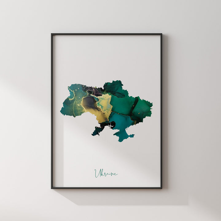 Ukraine Map Emerald Green and Gold Wall Art Print