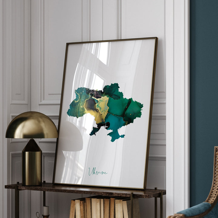 Ukraine Map Emerald Green and Gold Wall Art Print