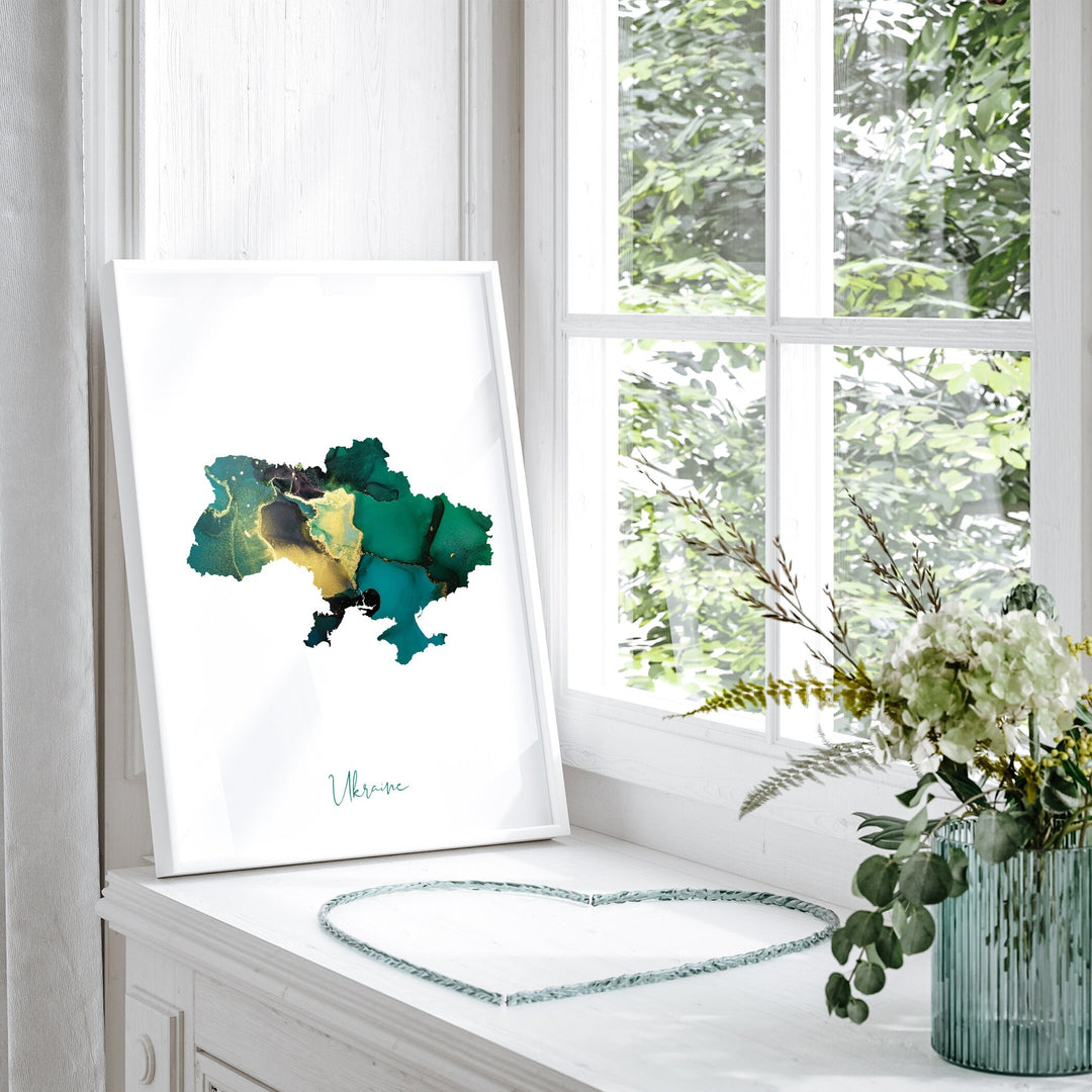 Ukraine Map Emerald Green and Gold Wall Art Print