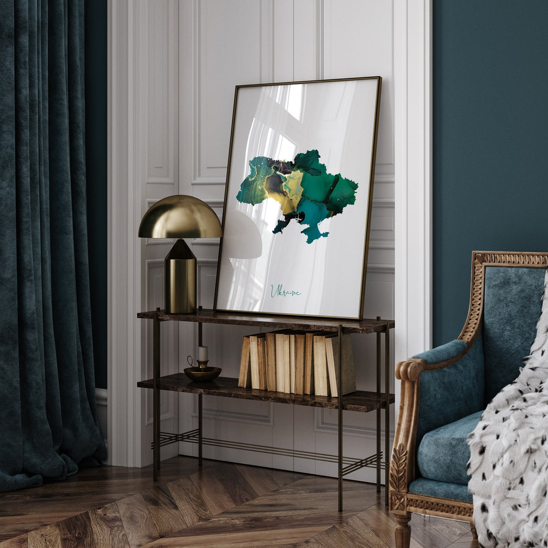 Ukraine Map Emerald Green and Gold Wall Art Print