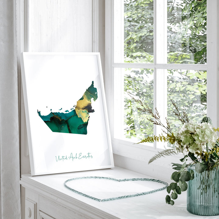 United Arab Emirates Map Emerald Green and Gold Wall Art Print UAE