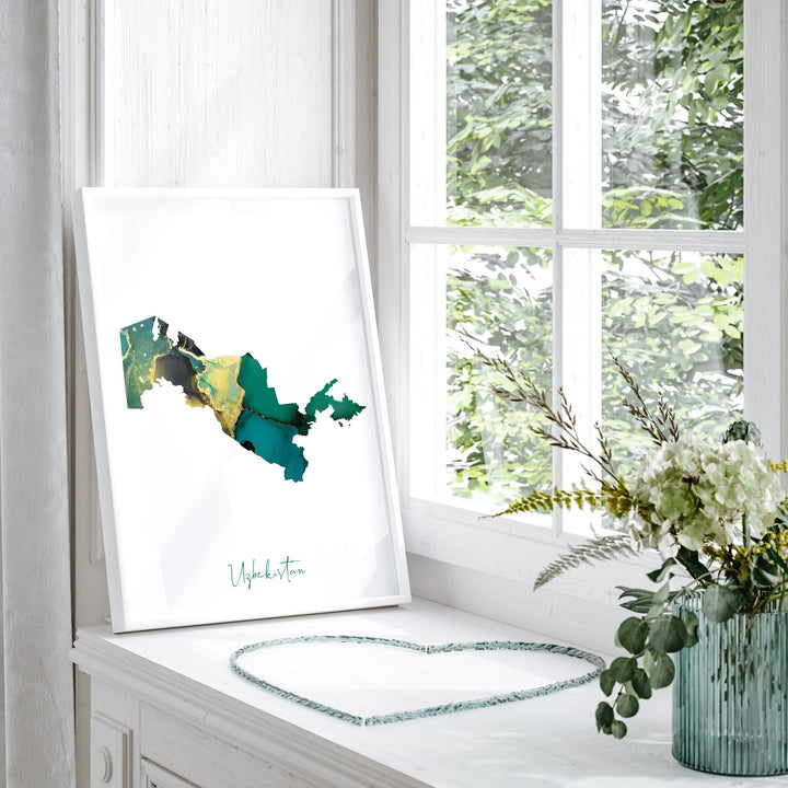 Uzbekistan Map Emerald Green and Gold Wall Art Print
