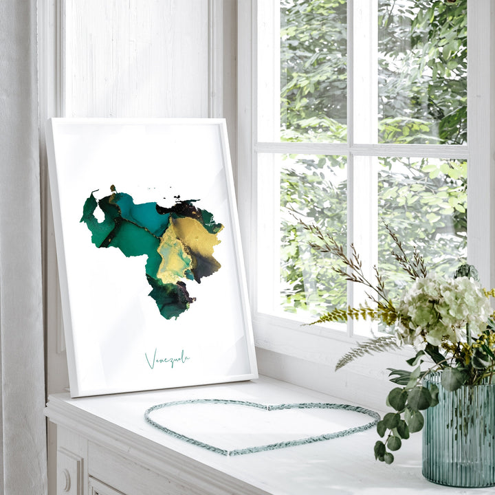 Venezuela Map Emerald Green and Gold Wall Art Print