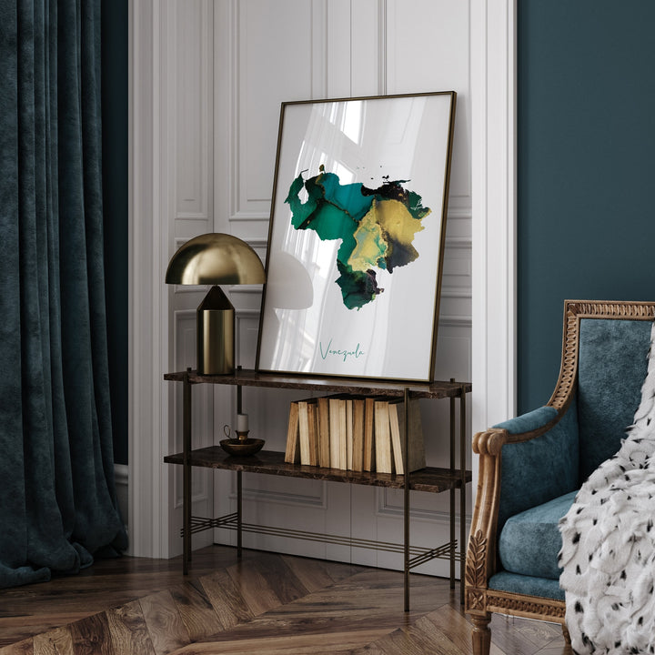Venezuela Map Emerald Green and Gold Wall Art Print