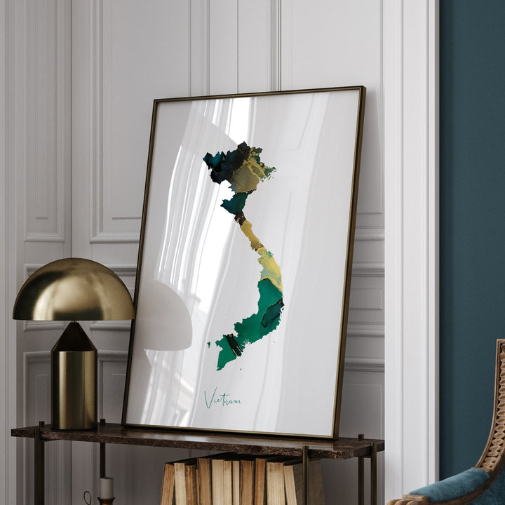 Vietnam Map Emerald Green and Gold Wall Art Print