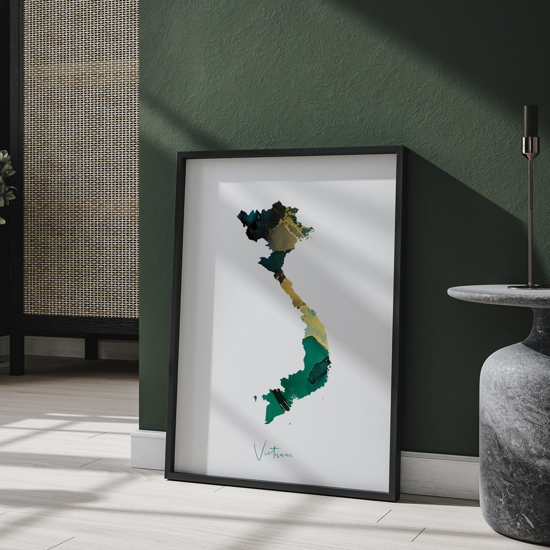 Vietnam Map Emerald Green and Gold Wall Art Print