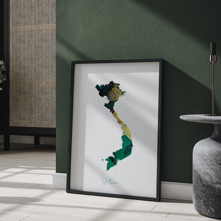 Vietnam Map Emerald Green and Gold Wall Art Print