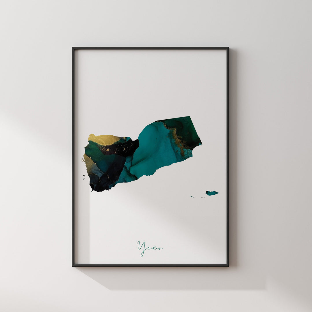Yemen Map Emerald Green and Gold Wall Art Print