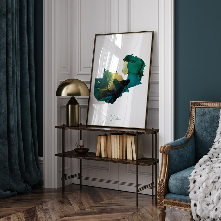 Zambia Map Emerald Green and Gold Wall Art Print