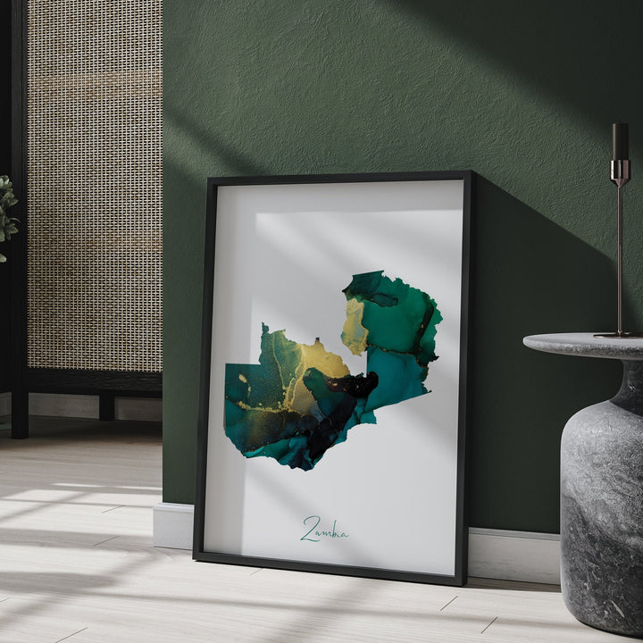 Zambia Map Emerald Green and Gold Wall Art Print