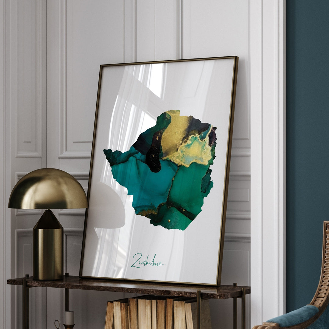 Zimbabwe Map Emerald Green and Gold Wall Art Print