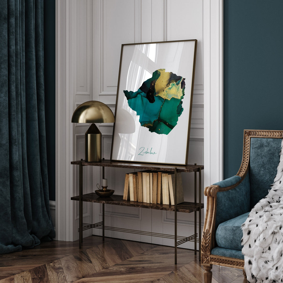 Zimbabwe Map Emerald Green and Gold Wall Art Print
