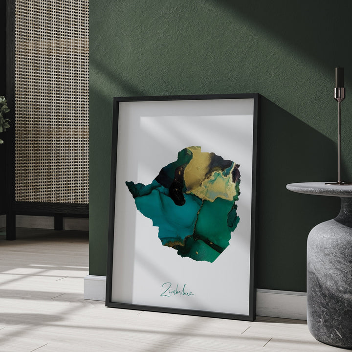 Zimbabwe Map Emerald Green and Gold Wall Art Print