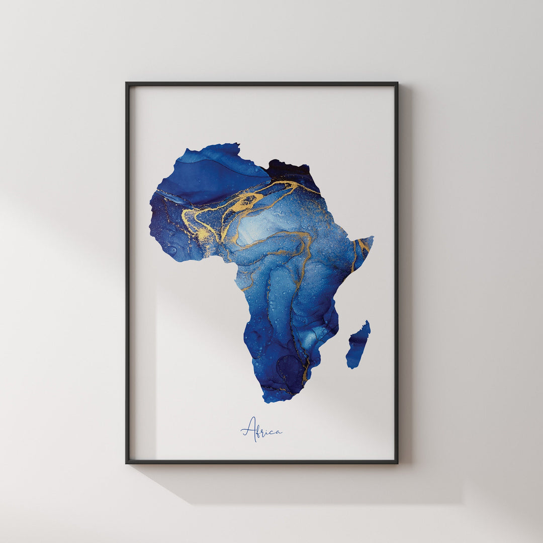 Africa Map Blue and Gold Wall Art Print