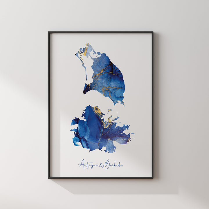 Antigua and Barbuda Map Blue and Gold Wall Art Print