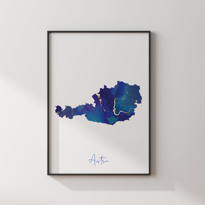 Austria Map Blue and Gold Wall Art Print