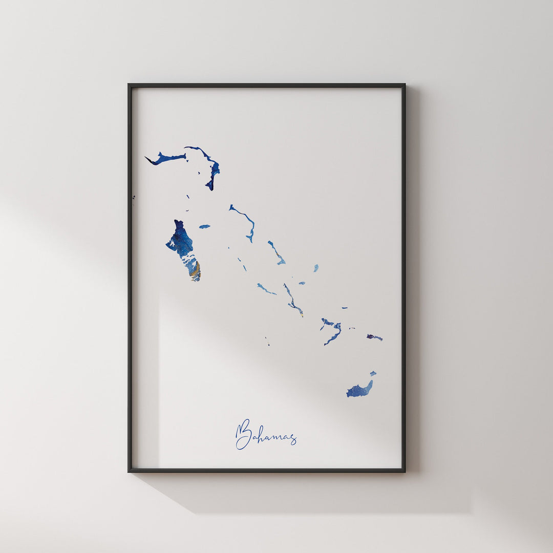 The Bahamas Map Blue and Gold Wall Art Print