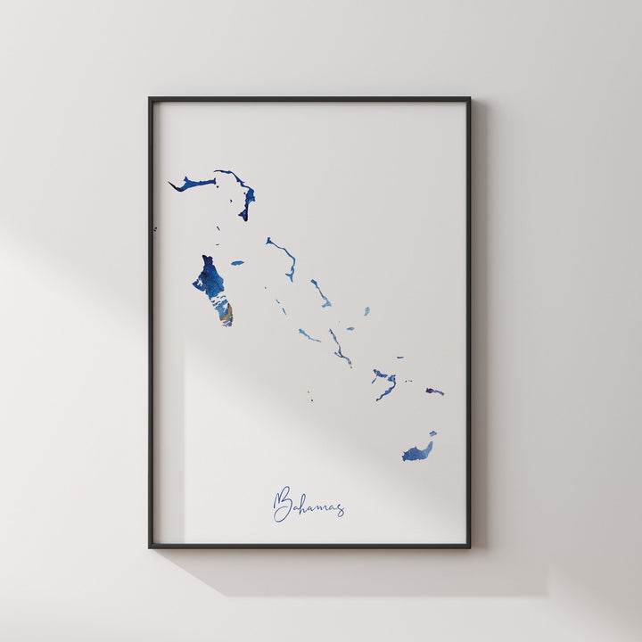 The Bahamas Map Blue and Gold Wall Art Print