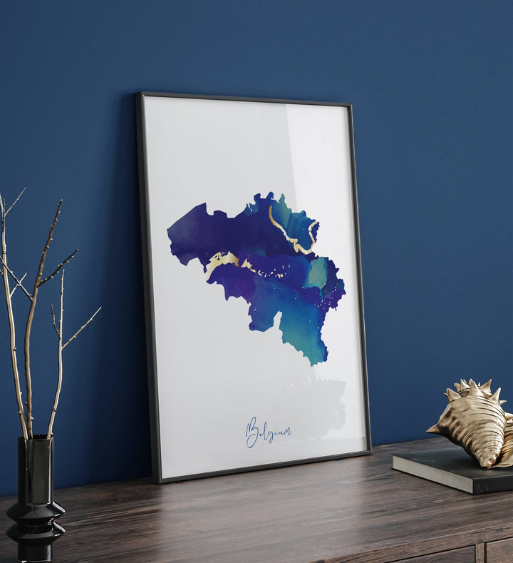 Belgium Map Blue and Gold Wall Art Print
