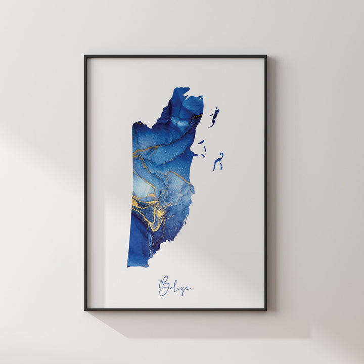 Belize Map Blue and Gold Wall Art Print