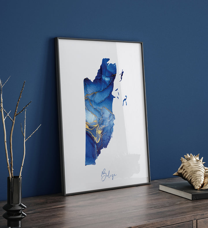 Belize Map Blue and Gold Wall Art Print
