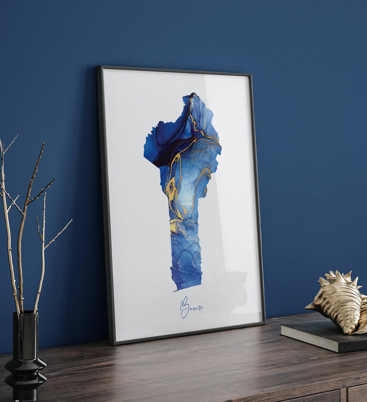 Benin Map Blue and Gold Wall Art Print