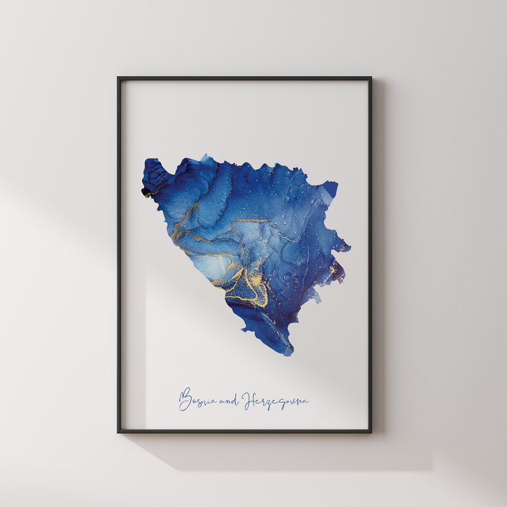 Bosnia and Herzegovina Map Blue and Gold Wall Art Print