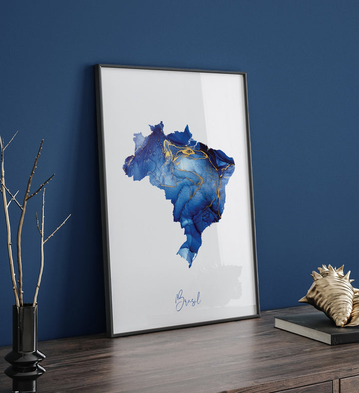 Brazil Map Blue and Gold Wall Art Print