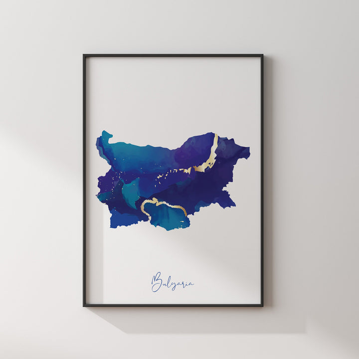 Bulgaria Map Blue and Gold Wall Art Print