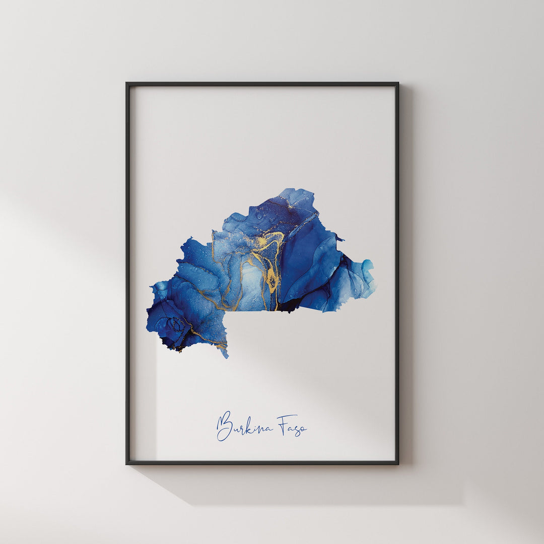Burkina Faso Map Blue and Gold Wall Art Print