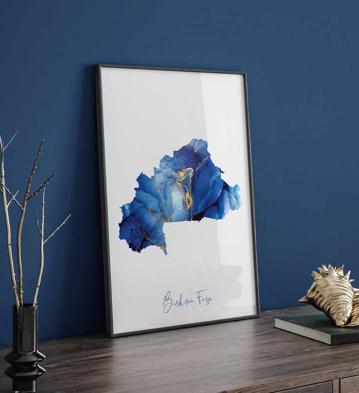 Burkina Faso Map Blue and Gold Wall Art Print