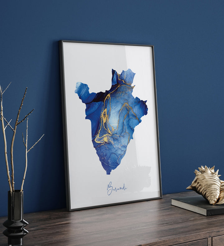 Burundi Map Blue and Gold Wall Art Print