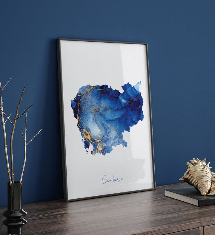 Cambodia Map Blue and Gold Wall Art Print